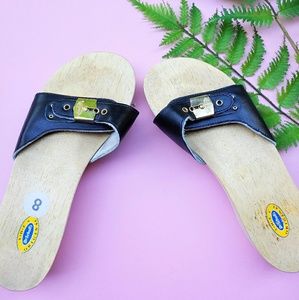 Vintage Wood Dr. Scholl's black leather sandals
